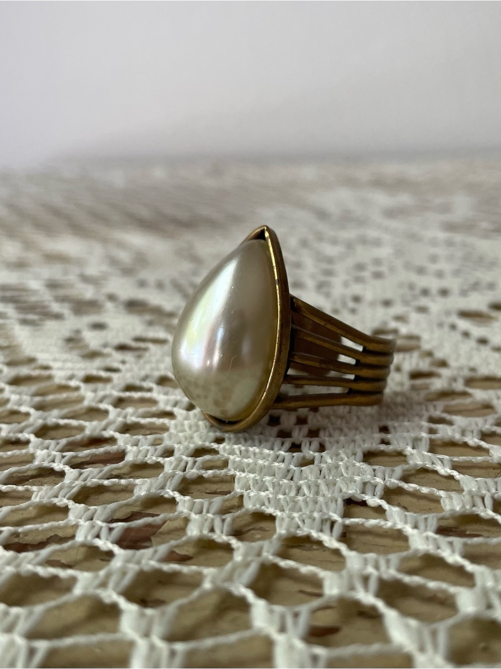 Gold Adjustable Teardrop Pearl Ring